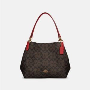 Coach Hallie Shoulder Bag Signature Canvas in Brown/True Red